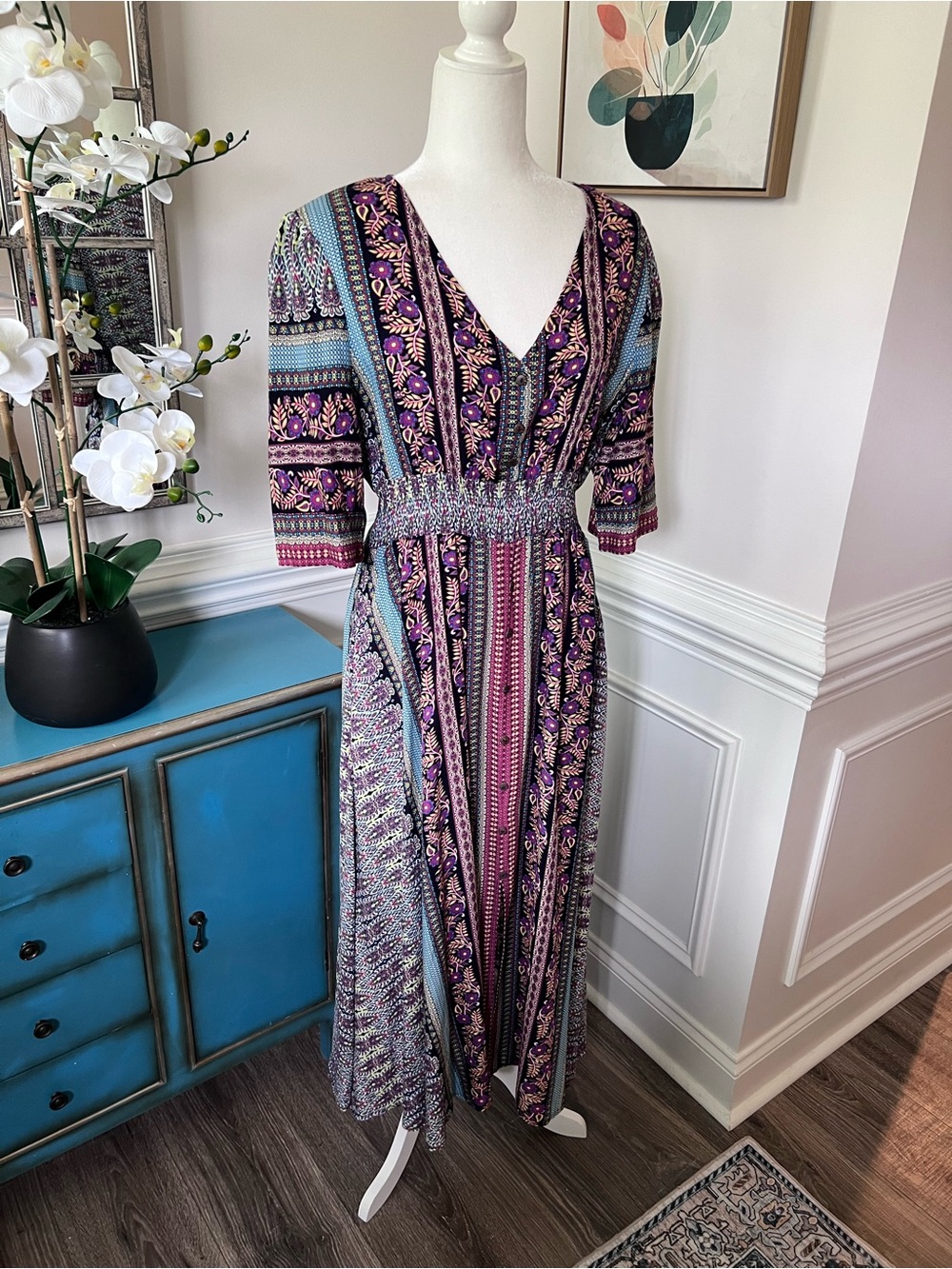 Papillon Blanc Patterned Boho V-Neck Button Front Maxi Dress with Pockets